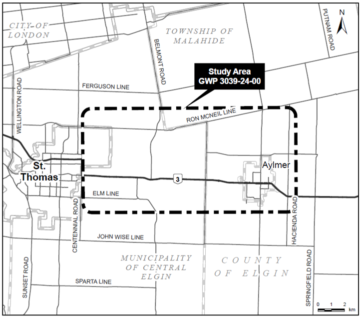 A map showing the study area for the project, showing Highway 3 from St. Thomas to Aylmer in the City of St. Thomas, Municipalicity of Central Elgin, Town of Aylmer and Township of Malahide within Elgin County.